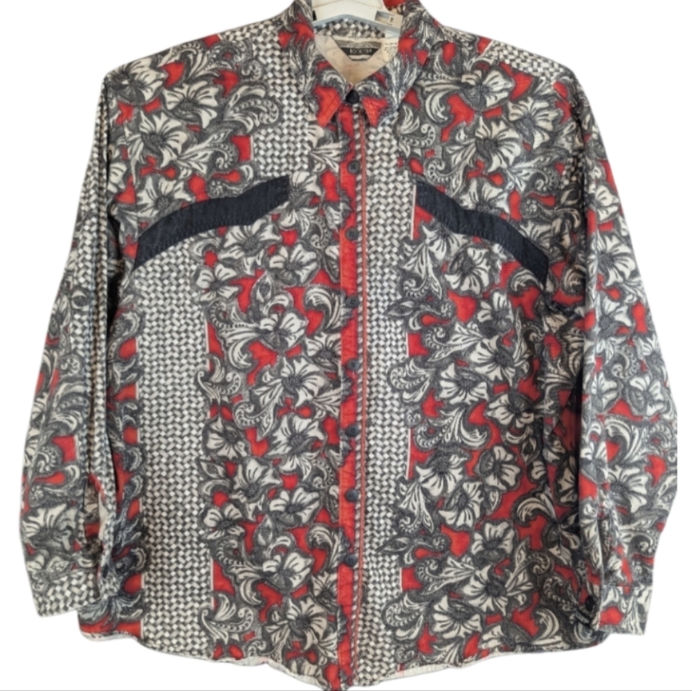 Rockies Vintage USA Made Western Womens Size 18 Button Down Shirt Red/Gray